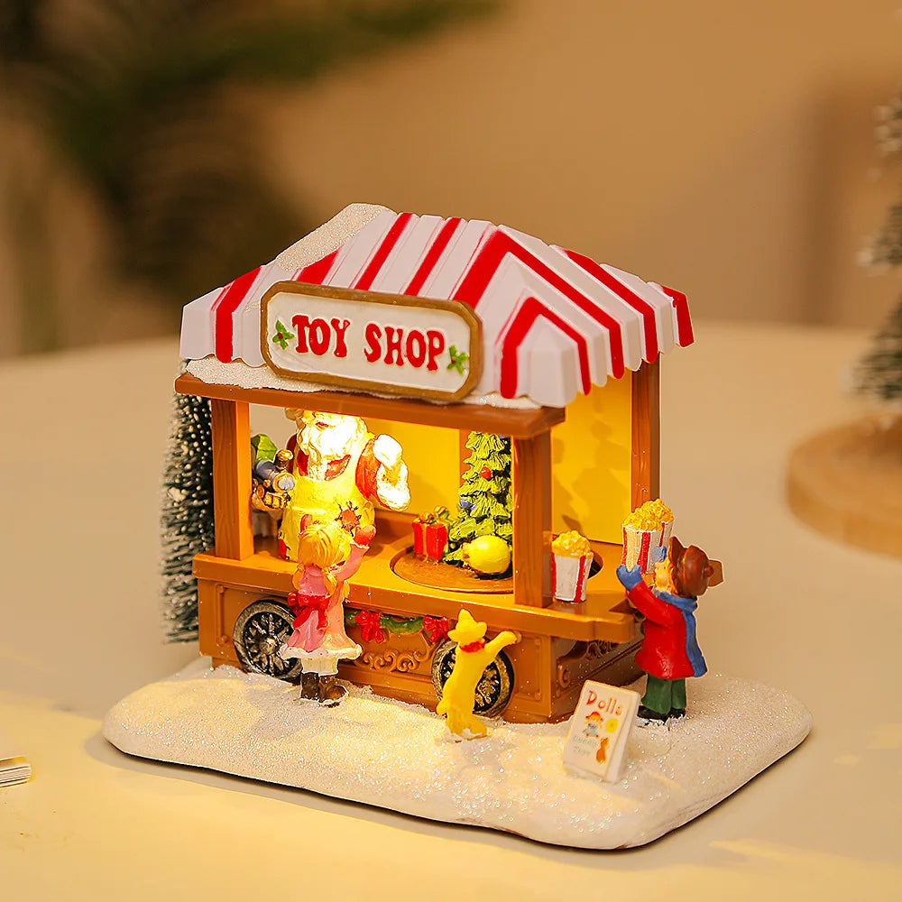 LED Christmas Music Popcorn House Village Scene - Rotating Statue, Xmas Decoration, Desktop Decor, Kid's Gift