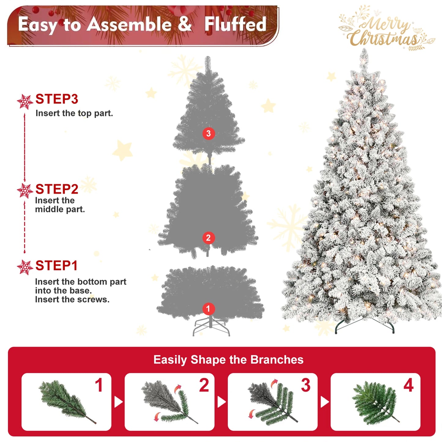 PVC Artificial Flocking Christmas Tree with Tungsten Lights Pine Cone Decor Metal Stand for Office Party Decor