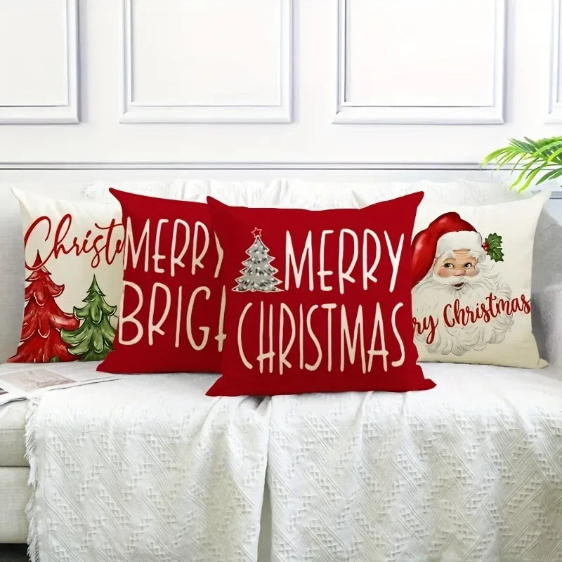 Christmas Pillowcase - Merry Christmas & New Year Gift, Santa Claus and Tree Design, Sofa Cushion Cover for Home Decor