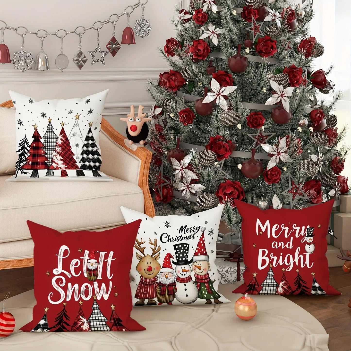 Christmas Pillowcase - Merry Christmas Santa Claus & Tree Pattern for Home, Room, Sofa Cushion Cover