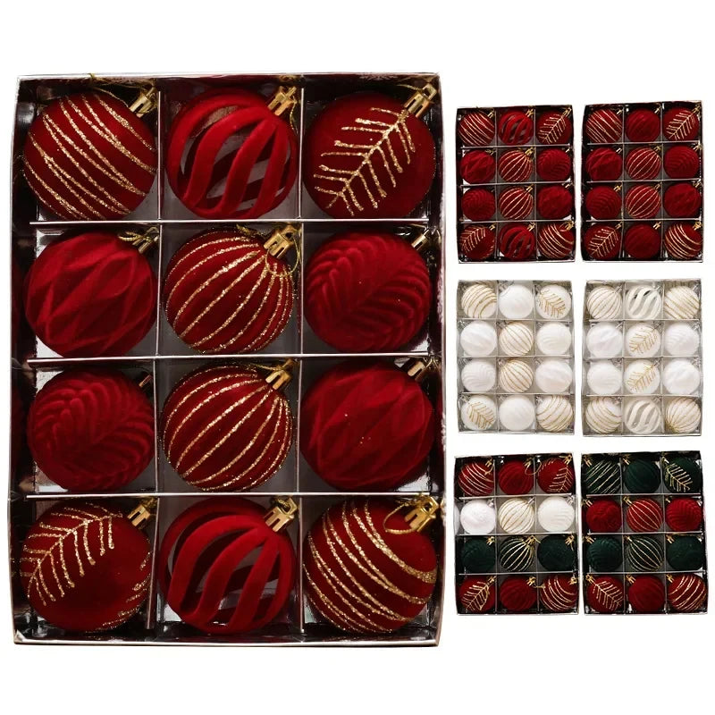 12pcs Wine Red Velvet Christmas Ball Ornaments for Tree Decoration New Year Party Decor