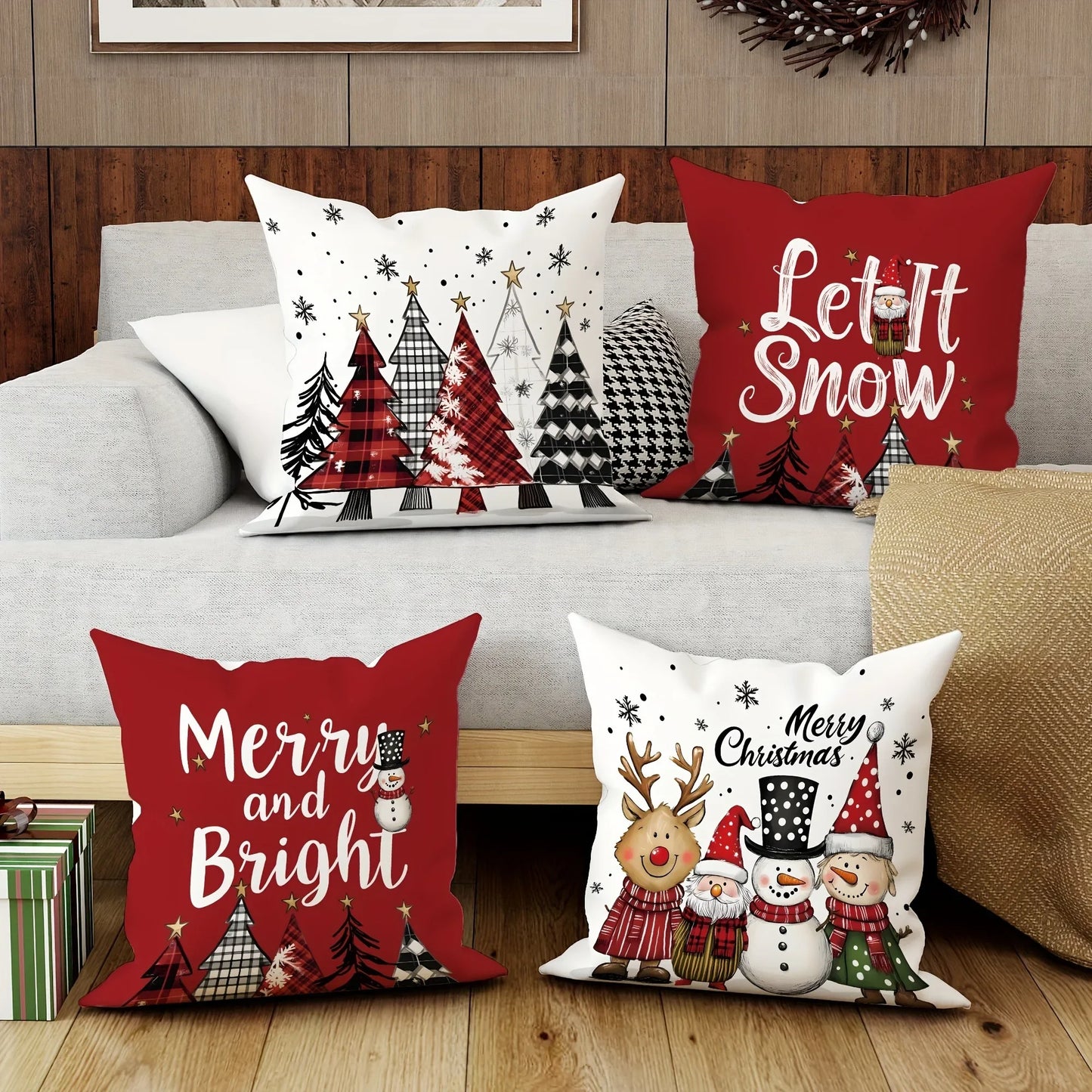 Christmas Pillowcase - Merry Christmas Santa Claus & Tree Pattern for Home, Room, Sofa Cushion Cover