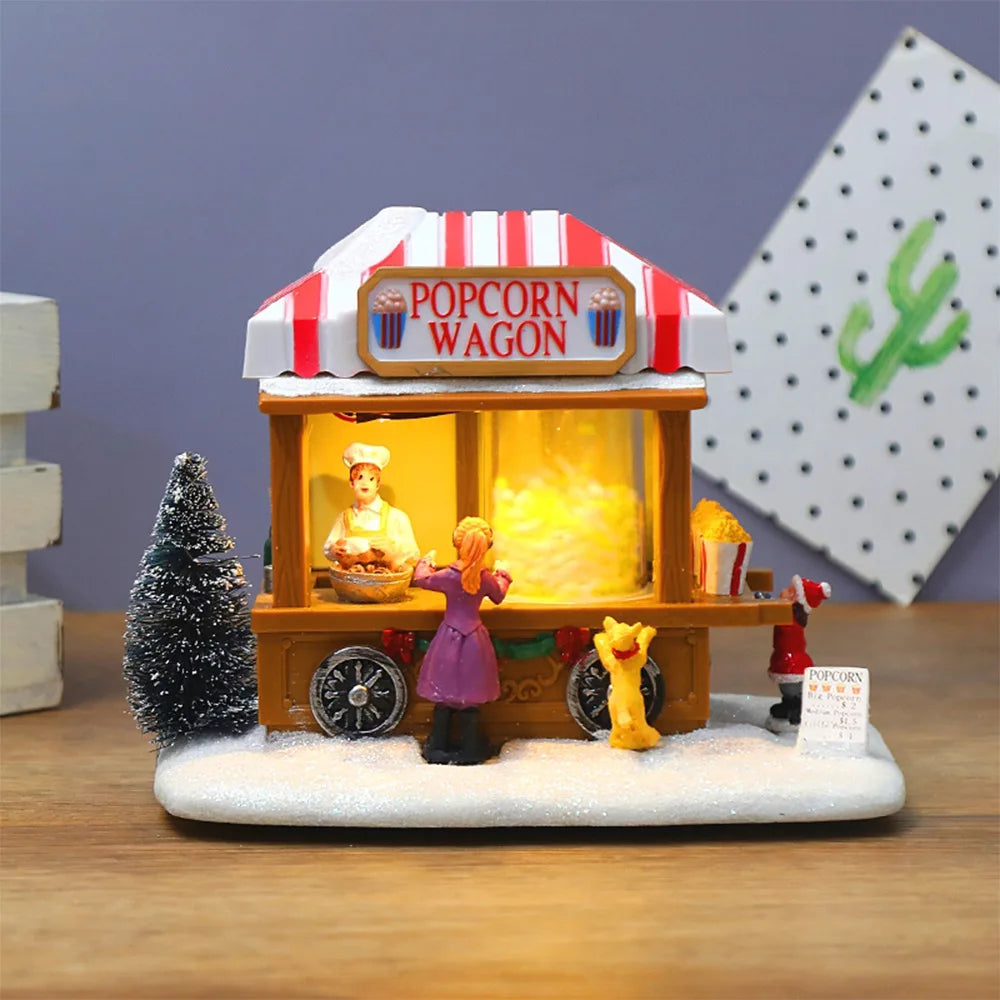 LED Christmas Music Popcorn House Village Scene - Rotating Statue, Xmas Decoration, Desktop Decor, Kid's Gift