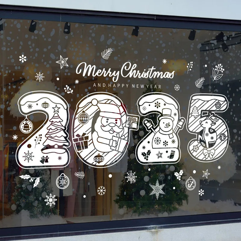 2025 Merry Christmas Electrostatic Window Sticker - Happy New Year, Santa Claus & Snowflake Decal for Shopping Mall Windows