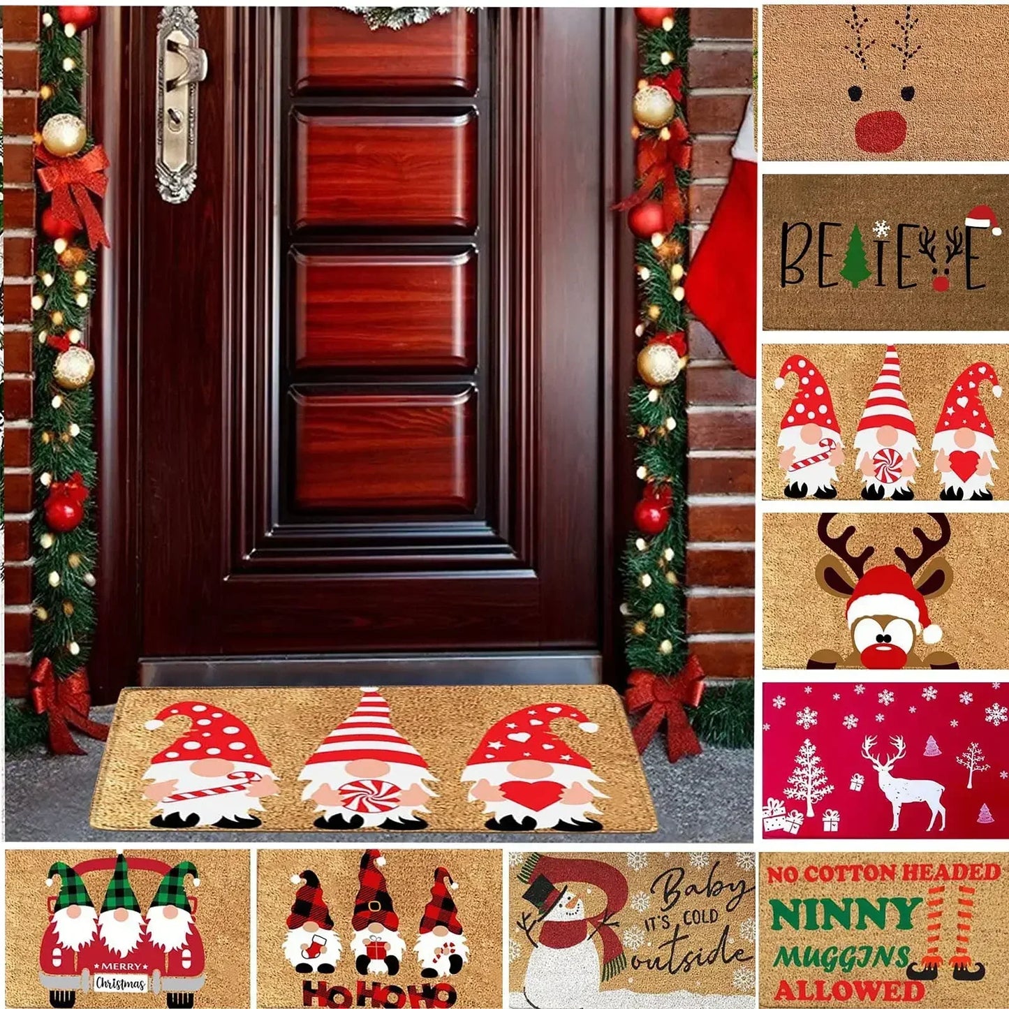 2025 Christmas Doormat - Merry Xmas Gnomes & Elk Rug for Indoor/Outdoor Entrance, Holiday Home Decor