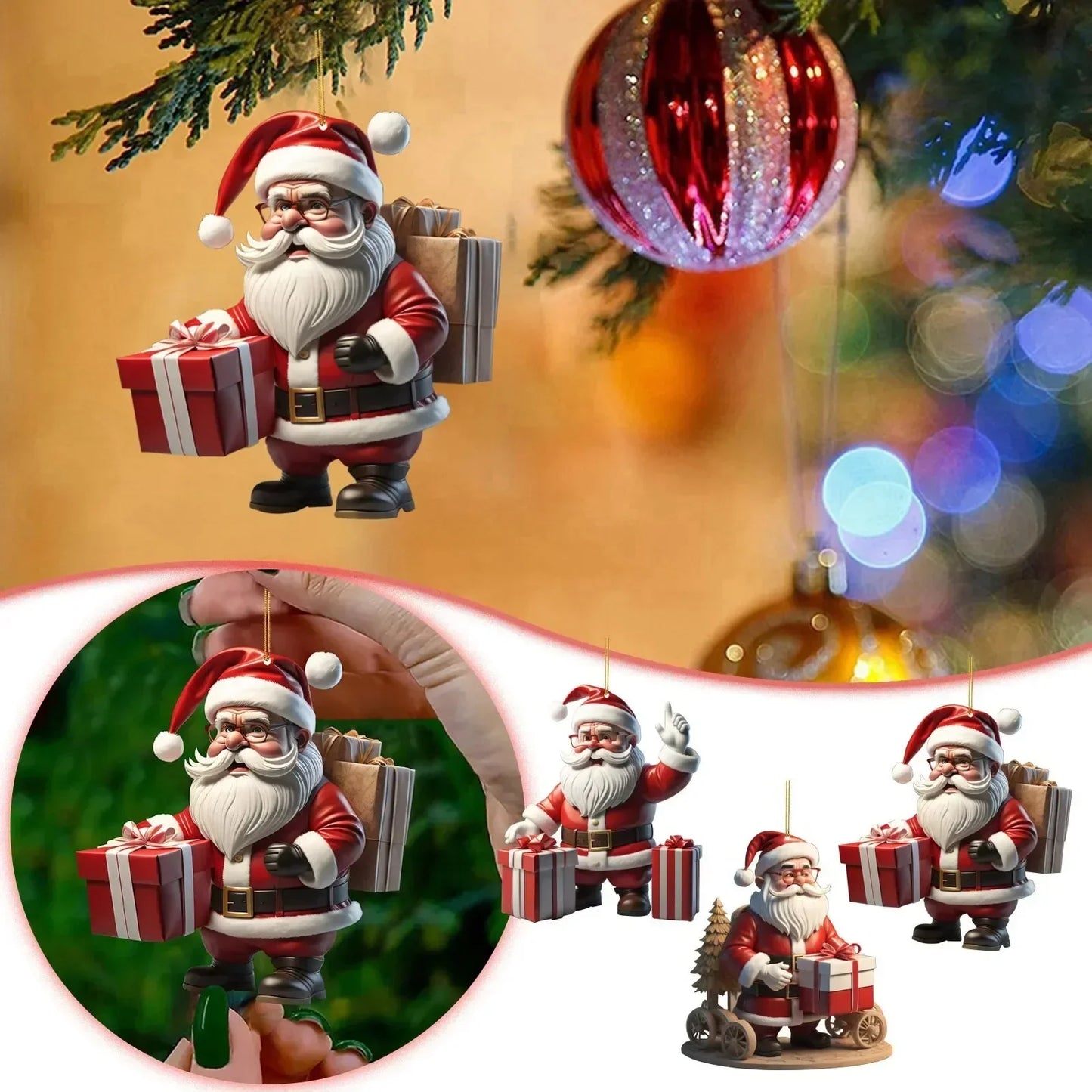 Christmas Tree Pendant Acrylic Flat Cartoon Santa Claus & Snowman Hanging Ornaments for Tree Decor