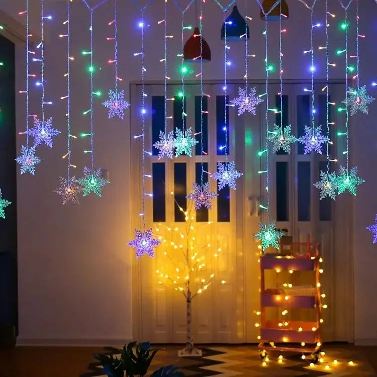 3.2M Christmas Snowflake LED String Lights - Flashing Fairy Curtain, Waterproof for Holiday, Party, Wedding, and Xmas Decor