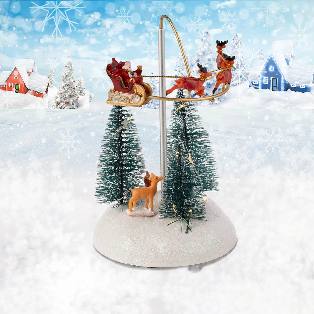 Christmas Village Animated Flying Sleigh - Rotating Santa with Sleigh, Musical Lights Figurine for Holiday Decorations