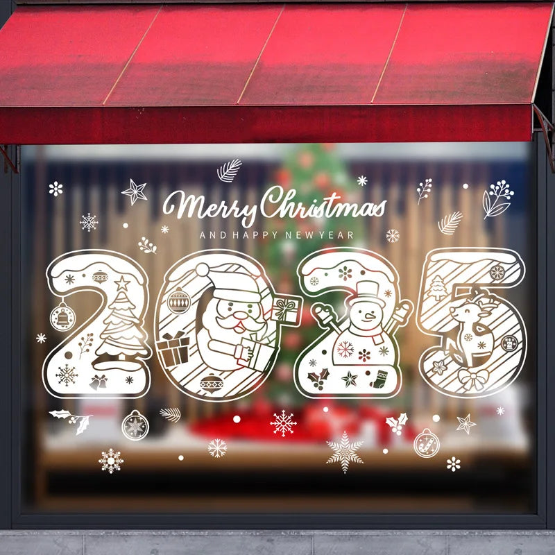 2025 Merry Christmas Electrostatic Window Sticker - Happy New Year, Santa Claus & Snowflake Decal for Shopping Mall Windows