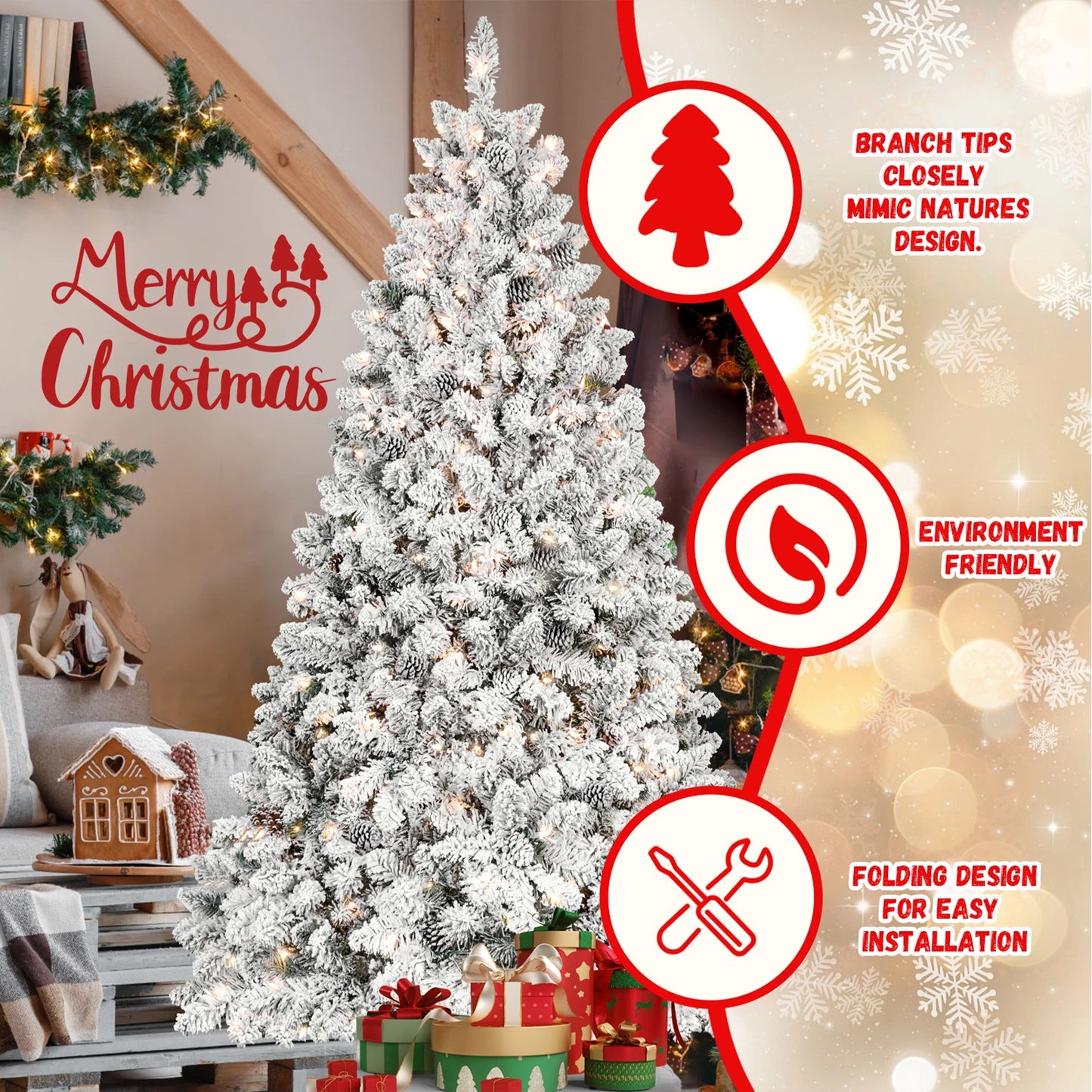 PVC Artificial Flocking Christmas Tree with Tungsten Lights Pine Cone Decor Metal Stand for Office Party Decor