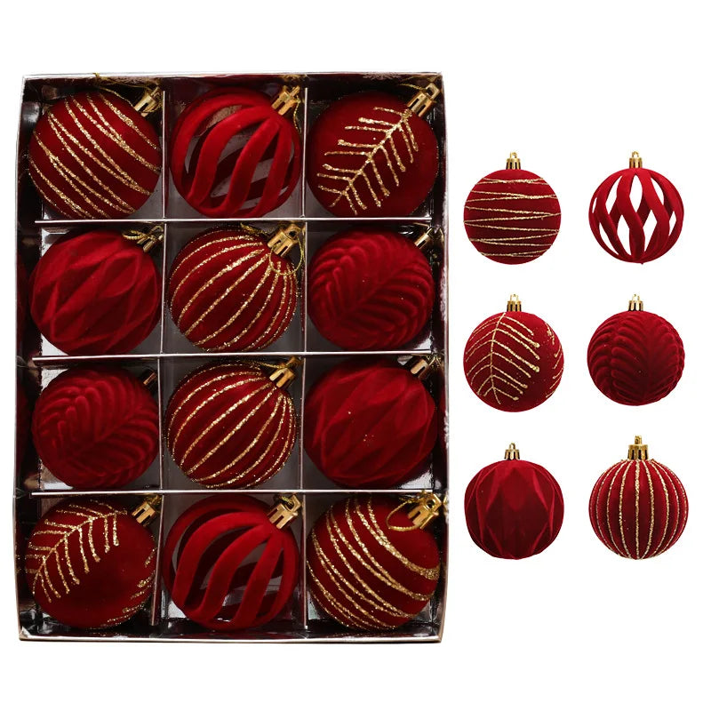 12pcs Wine Red Velvet Christmas Ball Ornaments for Tree Decoration New Year Party Decor