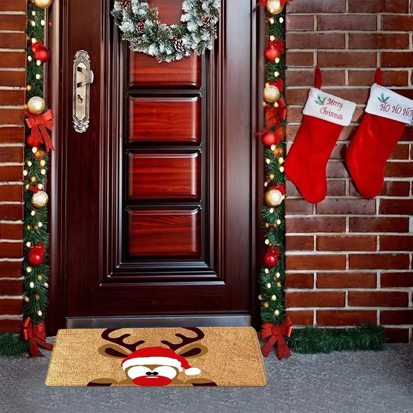 2025 Christmas Doormat - Merry Xmas Gnomes & Elk Rug for Indoor/Outdoor Entrance, Holiday Home Decor