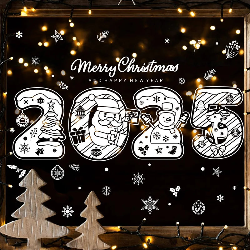 2025 Merry Christmas Electrostatic Window Sticker - Happy New Year, Santa Claus & Snowflake Decal for Shopping Mall Windows