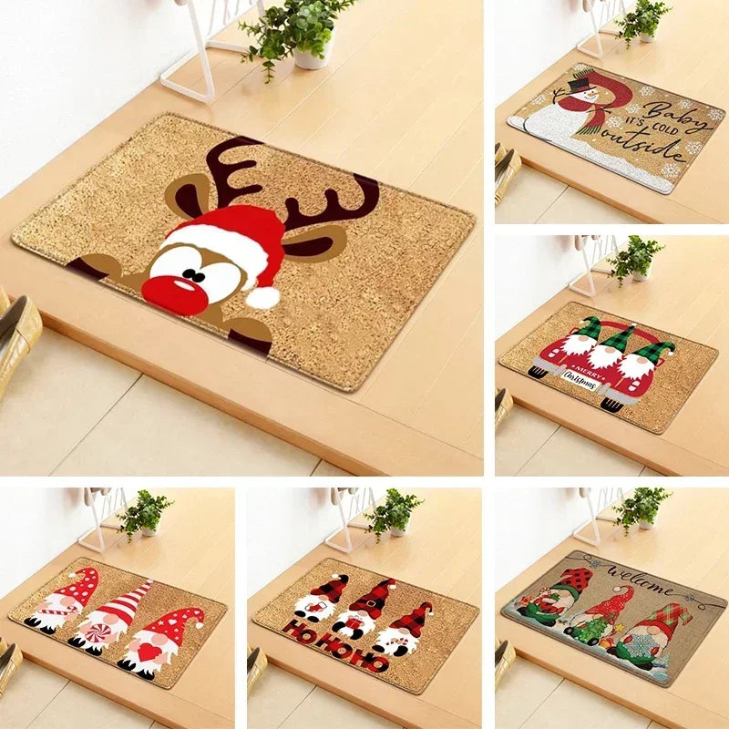 2025 Christmas Doormat - Merry Xmas Gnomes & Elk Rug for Indoor/Outdoor Entrance, Holiday Home Decor