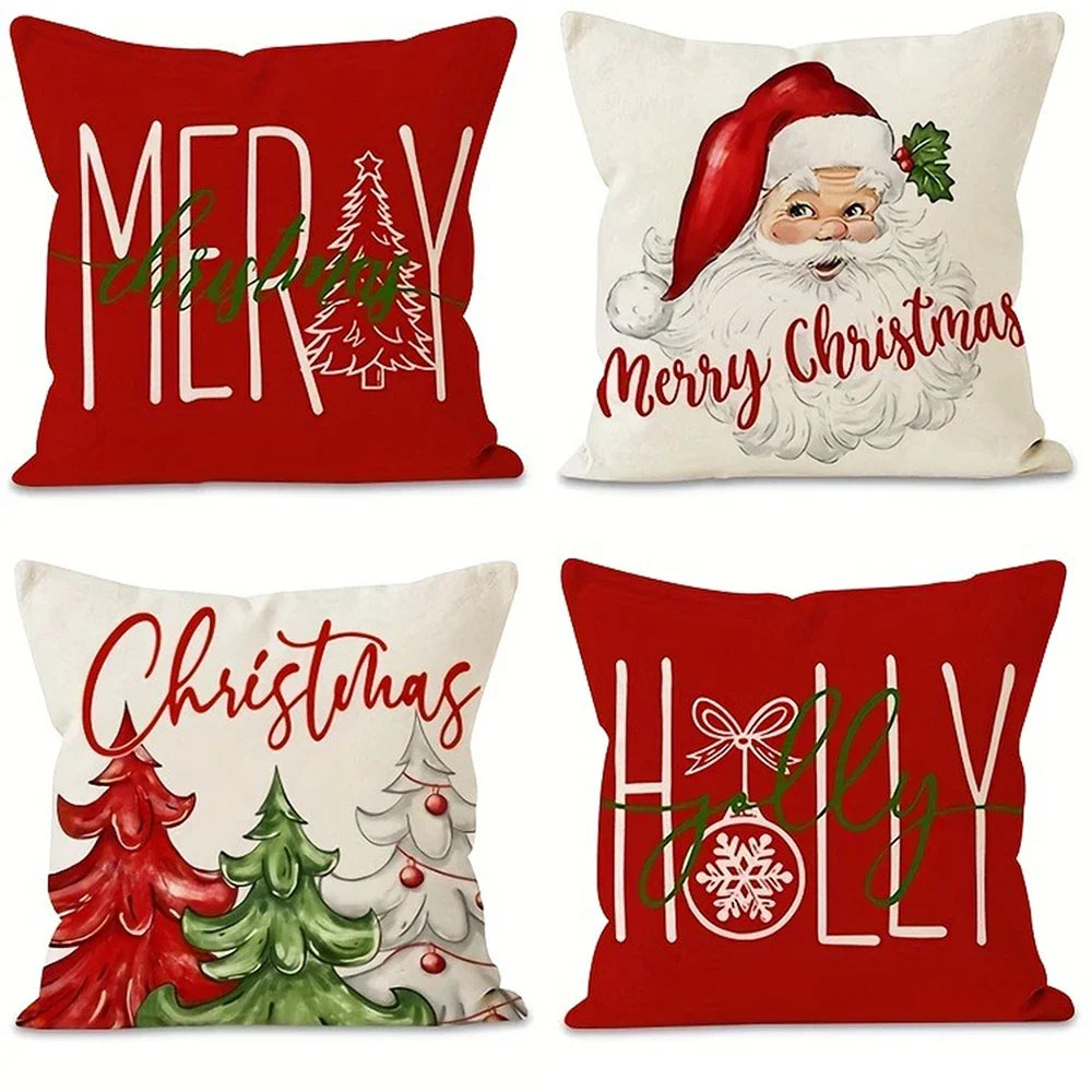 Christmas Pillowcase - Merry Christmas & New Year Gift, Santa Claus and Tree Design, Sofa Cushion Cover for Home Decor