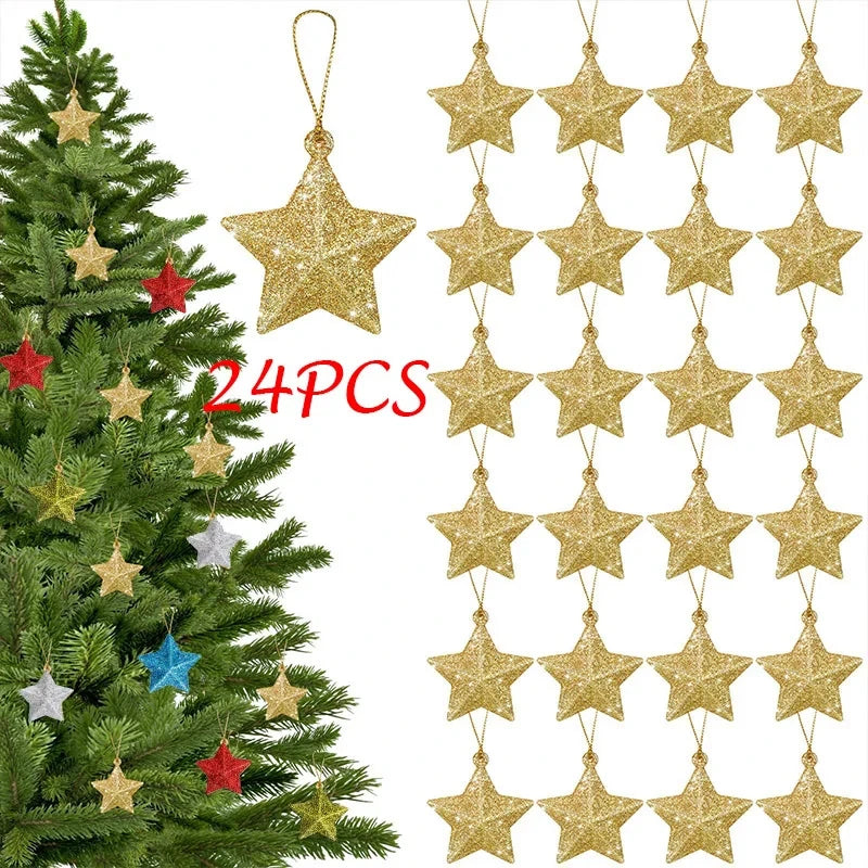 Gold Glitter Star Ornaments Christmas Tree Hanging Decor 2024 for Home, Navidad, New Year Party, DIY Gift