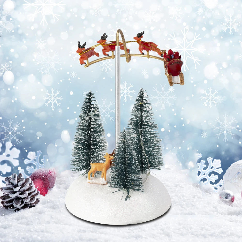 Christmas Village Animated Flying Sleigh - Rotating Santa with Sleigh, Musical Lights Figurine for Holiday Decorations