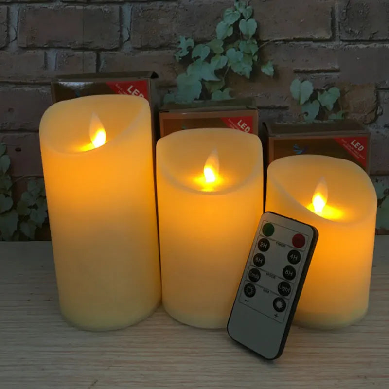 Pack of 3 Remote Control Moving Wick LED Pillar Candles with Realistic Flame - Battery Operated for Wedding Decor