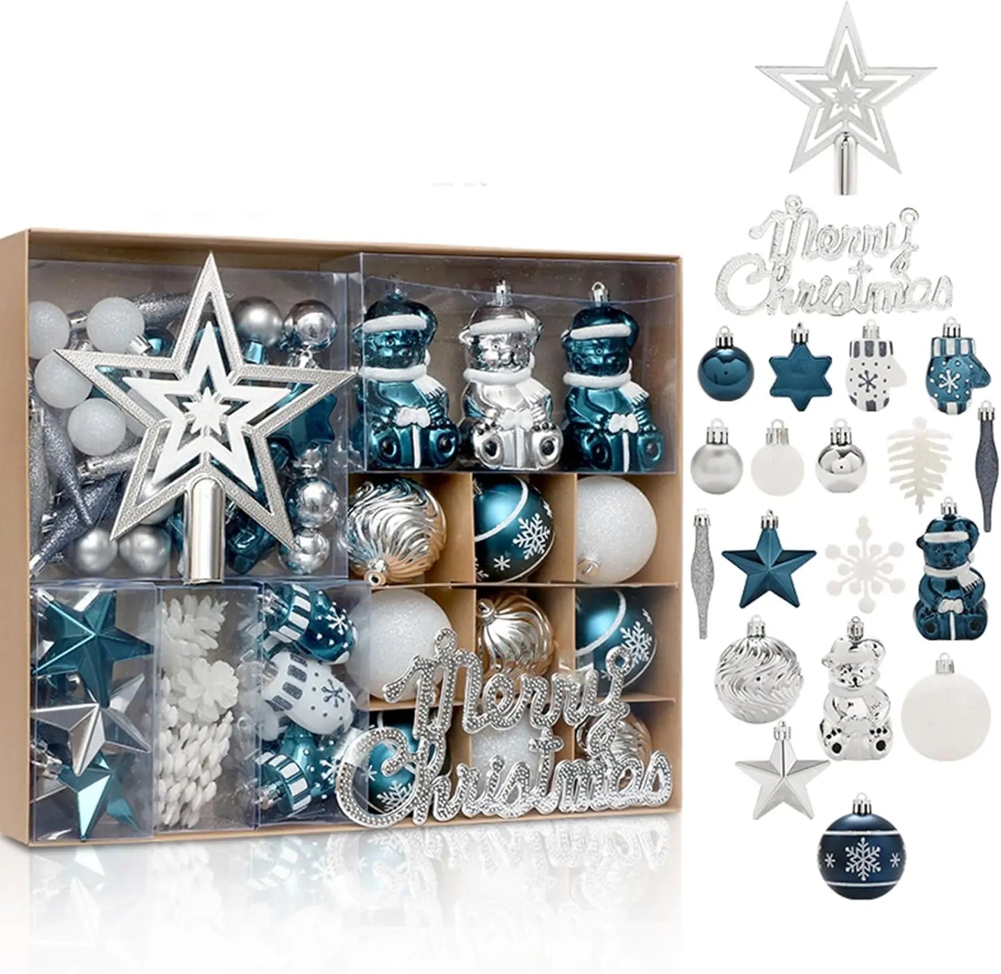 70PCS Shatterproof Blue & Silver Christmas Ball Ornaments Set with Merry Christmas Sign and Tree Toppers