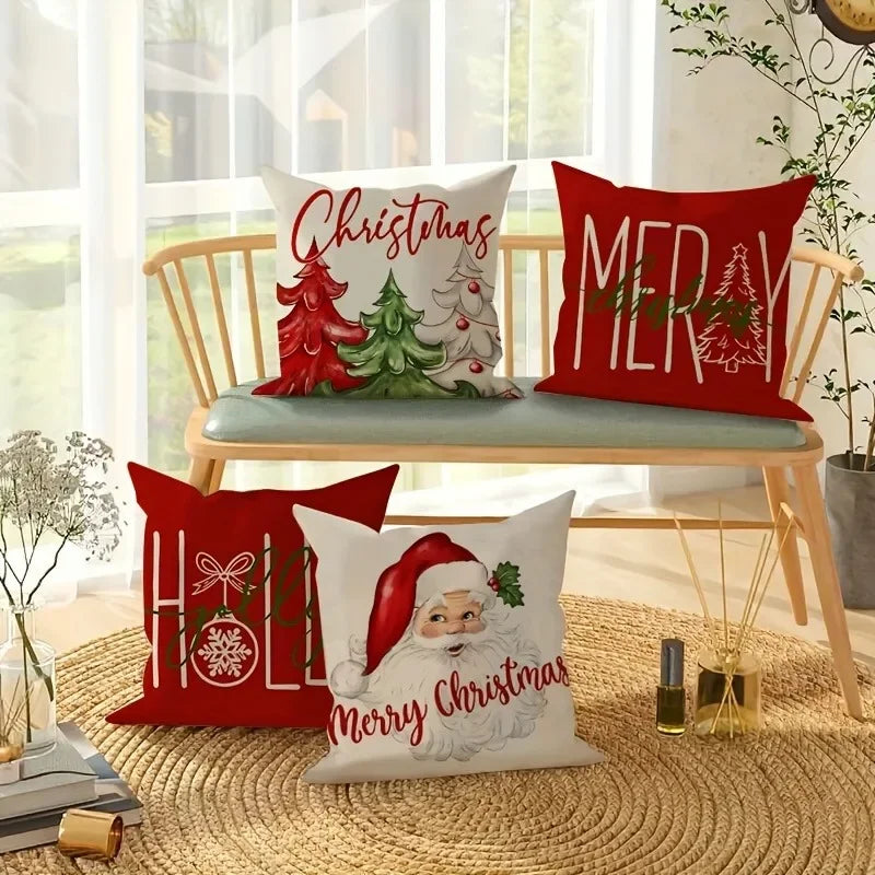 Christmas Pillowcase - Merry Christmas & New Year Gift, Santa Claus and Tree Design, Sofa Cushion Cover for Home Decor