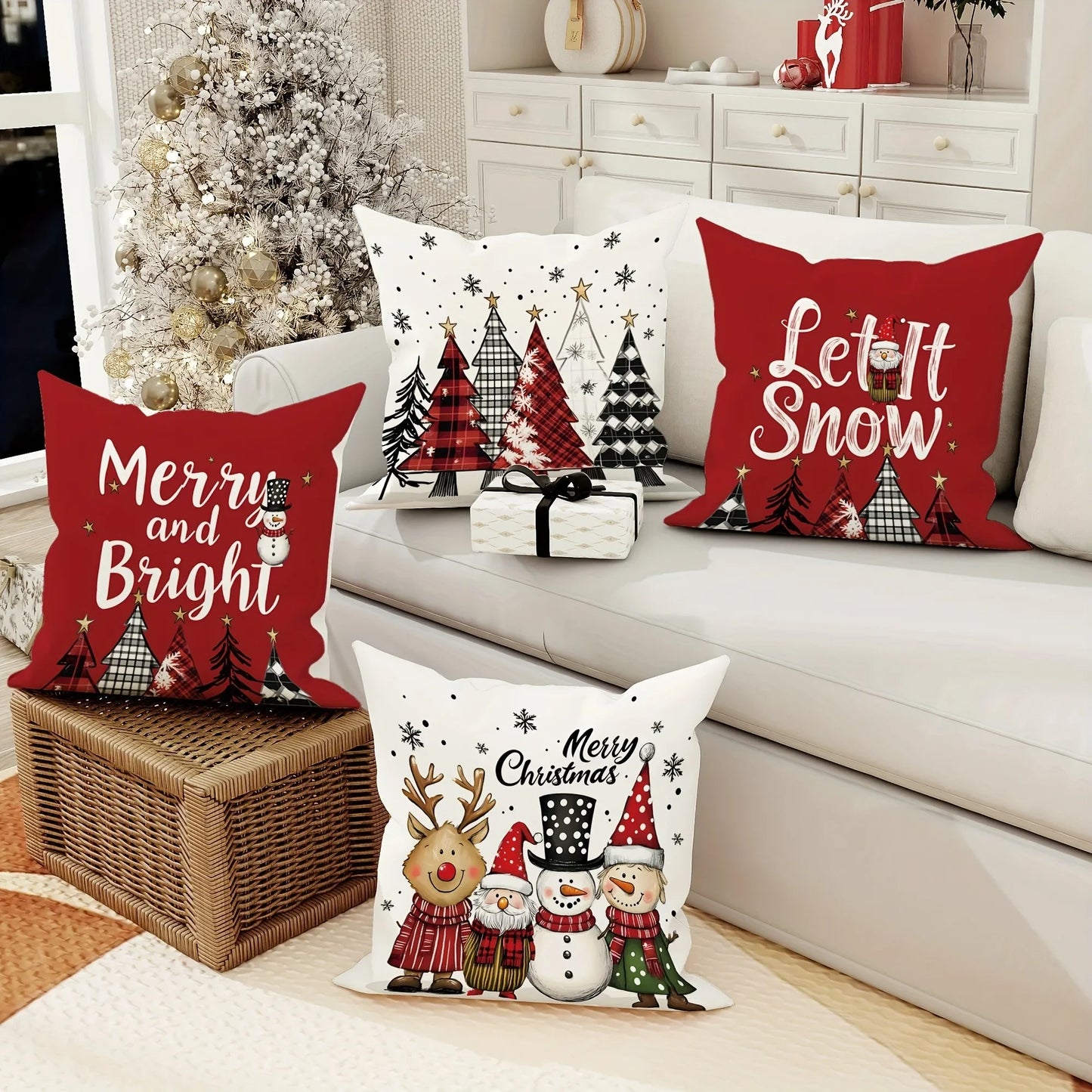 Christmas Pillowcase - Merry Christmas Santa Claus & Tree Pattern for Home, Room, Sofa Cushion Cover