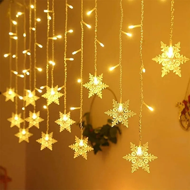 3.2M Christmas Snowflake LED String Lights - Flashing Fairy Curtain, Waterproof for Holiday, Party, Wedding, and Xmas Decor