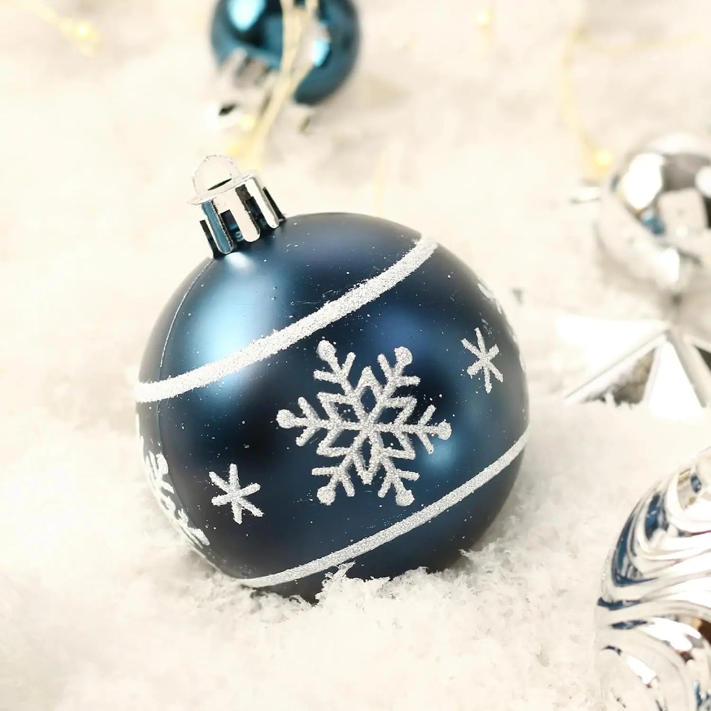 70PCS Shatterproof Blue & Silver Christmas Ball Ornaments Set with Merry Christmas Sign and Tree Toppers