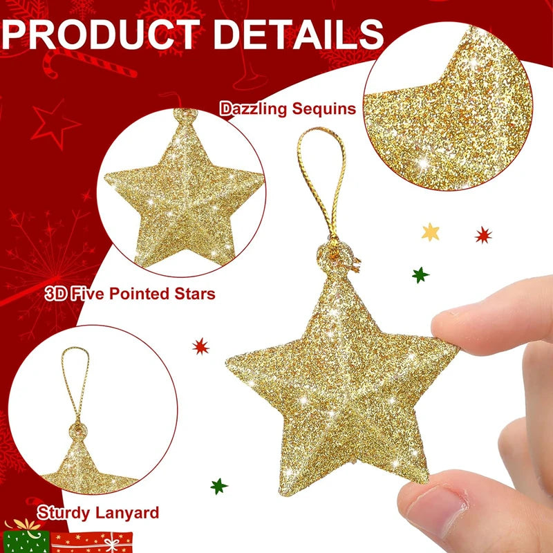 Gold Glitter Star Ornaments Christmas Tree Hanging Decor 2024 for Home, Navidad, New Year Party, DIY Gift