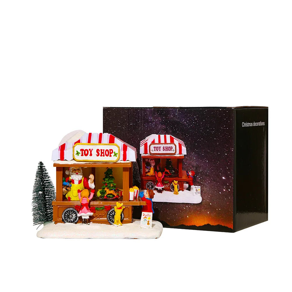 LED Christmas Music Popcorn House Village Scene - Rotating Statue, Xmas Decoration, Desktop Decor, Kid's Gift