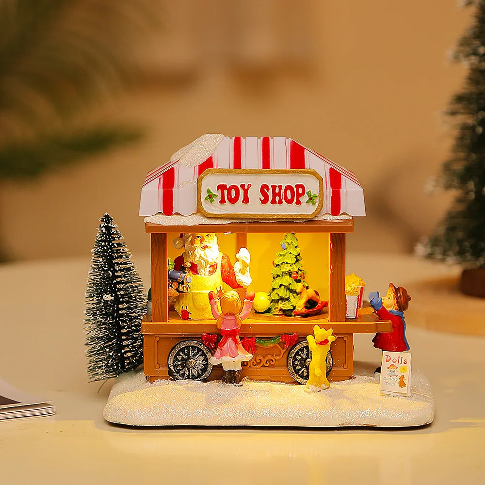 LED Christmas Music Popcorn House Village Scene - Rotating Statue, Xmas Decoration, Desktop Decor, Kid's Gift