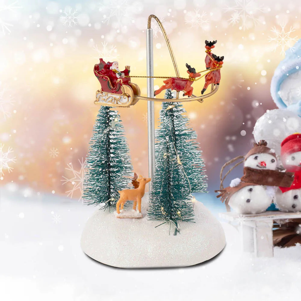 Christmas Village Animated Flying Sleigh - Rotating Santa with Sleigh, Musical Lights Figurine for Holiday Decorations