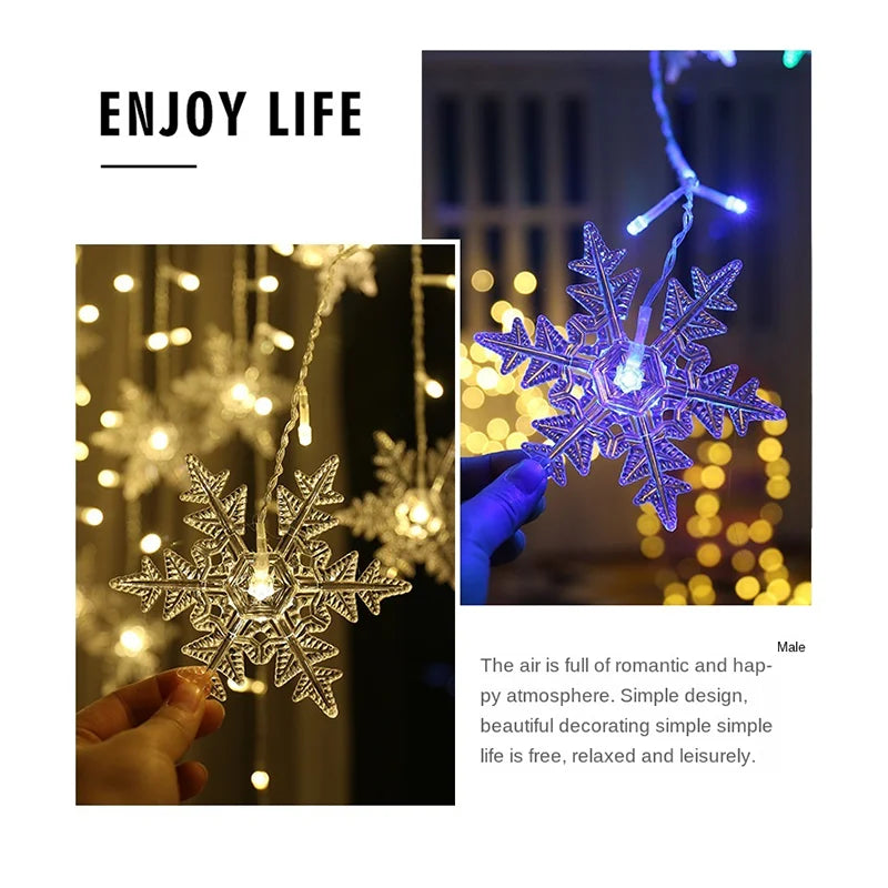 3.2M Christmas Snowflake LED String Lights - Flashing Fairy Curtain, Waterproof for Holiday, Party, Wedding, and Xmas Decor