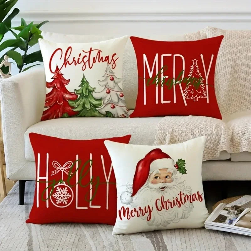 Christmas Pillowcase - Merry Christmas & New Year Gift, Santa Claus and Tree Design, Sofa Cushion Cover for Home Decor