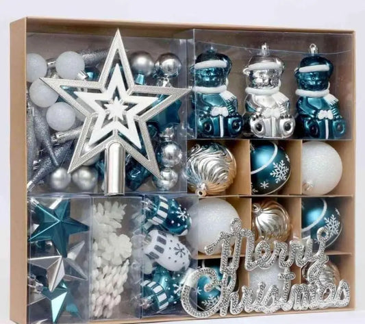 70PCS Shatterproof Blue & Silver Christmas Ball Ornaments Set with Merry Christmas Sign and Tree Toppers