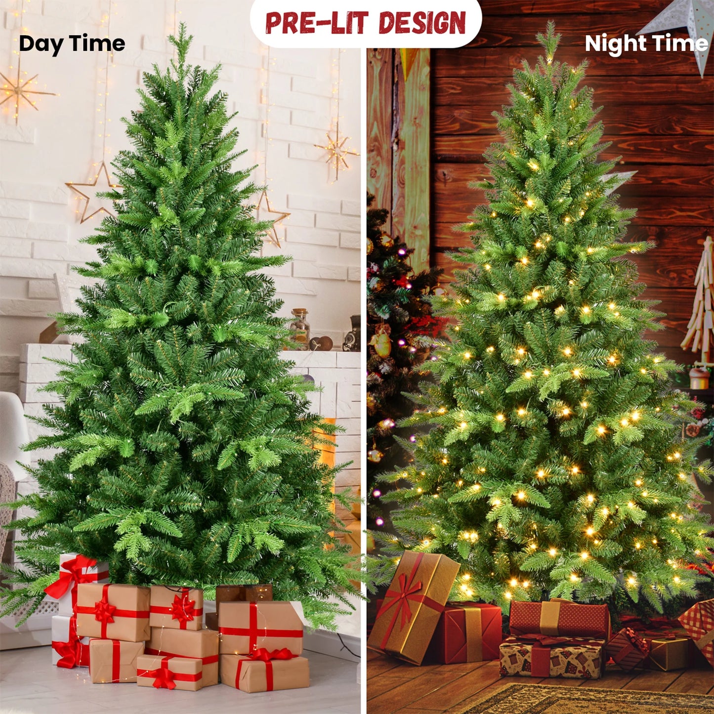 Prelit Artificial Christmas Tree Flocking LED Warm White Lights Holiday Ornaments Home Party Decor