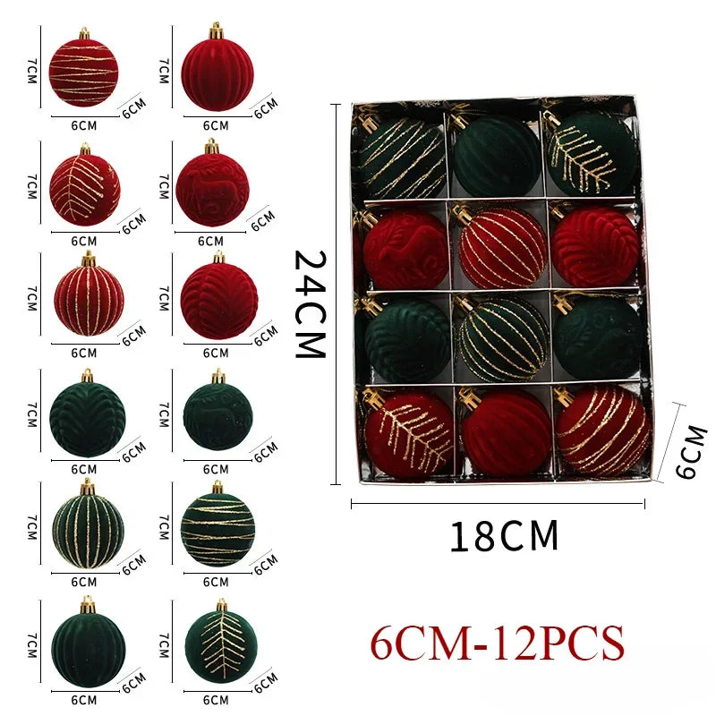 12pcs Wine Red Velvet Christmas Ball Ornaments for Tree Decoration New Year Party Decor